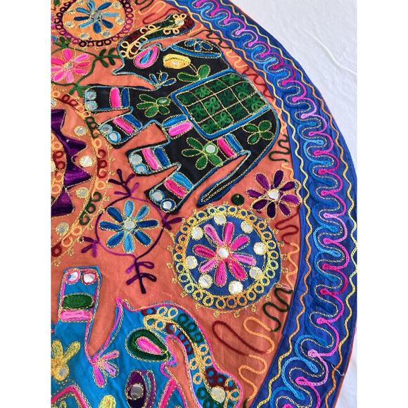 Wall Hanging table topper cotton Elephant embroidery Mirrors 35” Round Boho - Picture 7 of 16